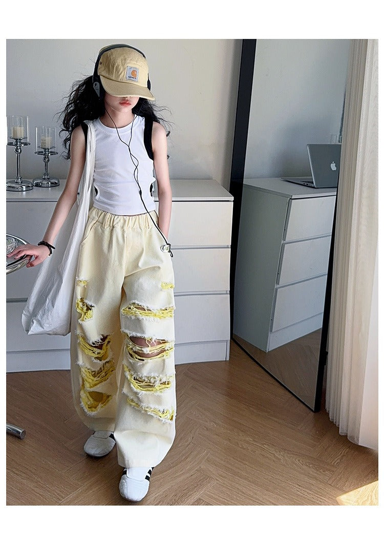 Trendy Cool Jeans Casual Vest Two-piece Set Ripped Pants