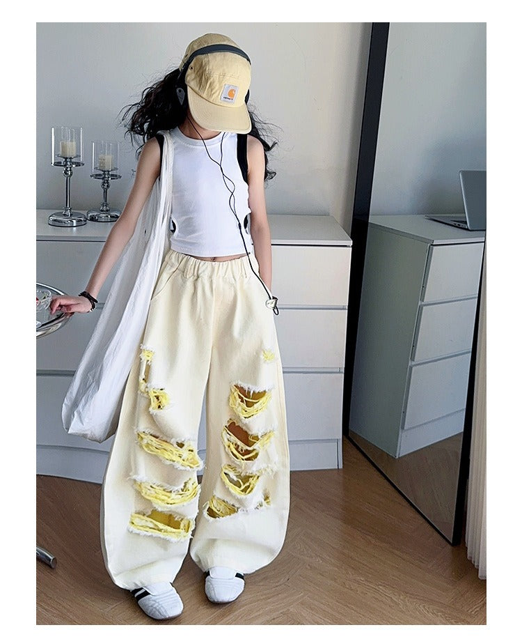 Trendy Cool Jeans Casual Vest Two-piece Set Ripped Pants