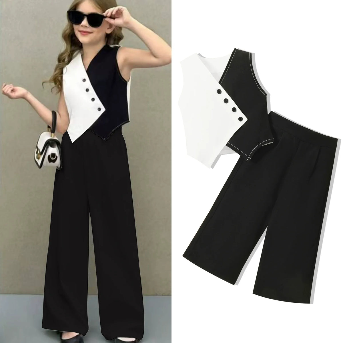 V-neck waistcoat vest top + solid color wide-leg trousers set