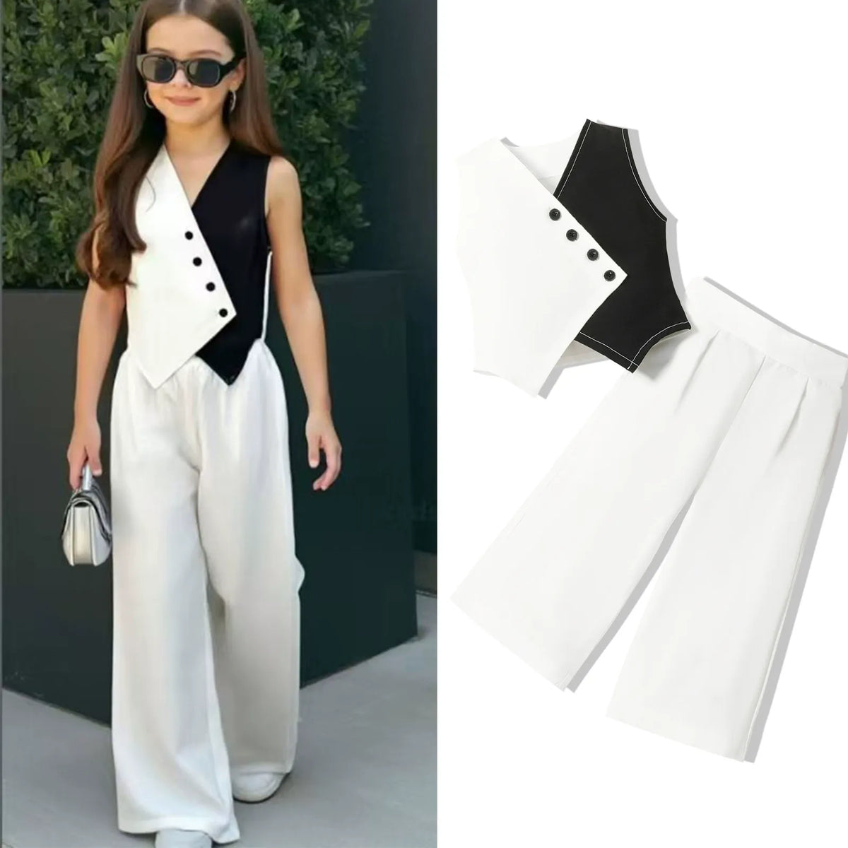 V-neck waistcoat vest top + solid color wide-leg trousers set