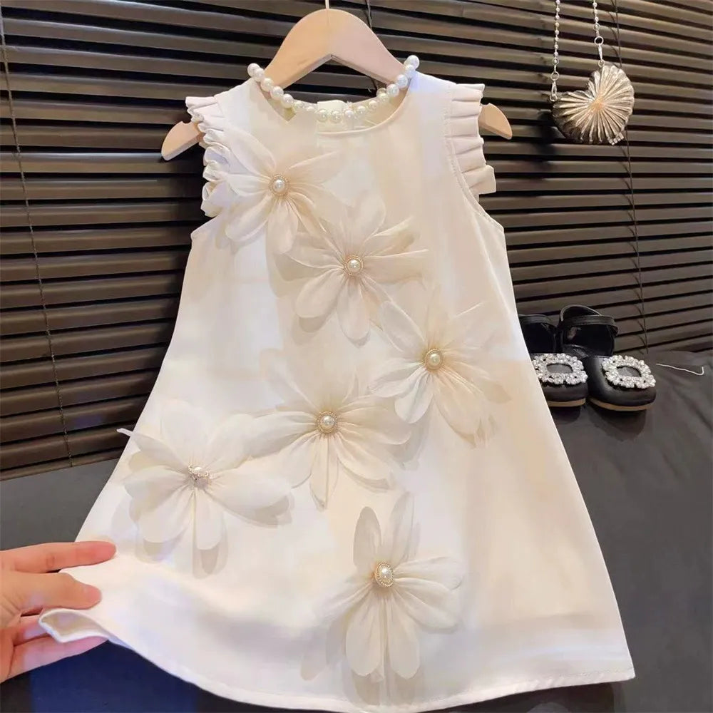 Girls 3D Flower Princess Dress with sleeveless design, elegant 3D floral details, and princess style for weddings, birthdays, and parties