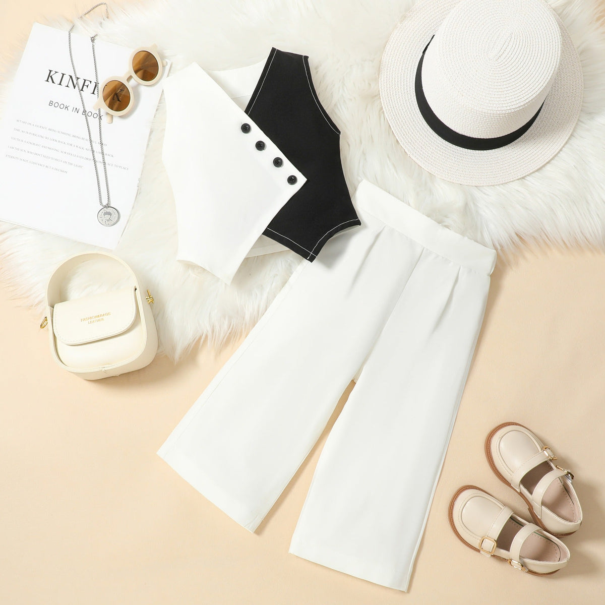 V-neck waistcoat vest top + solid color wide-leg trousers set