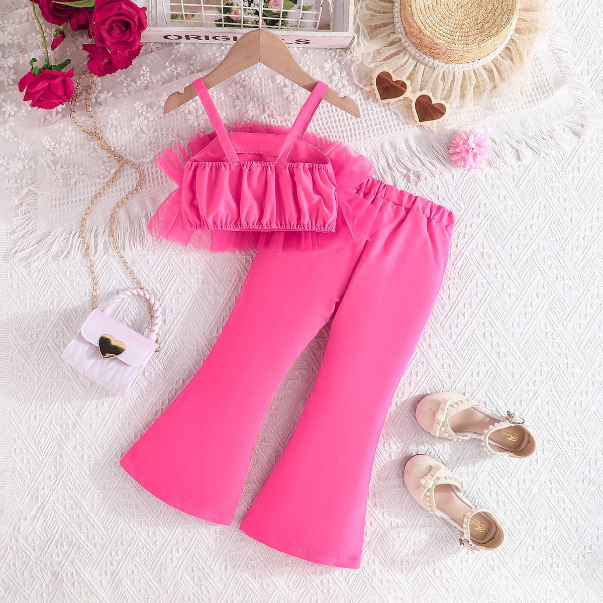 Solid Color Rose Flower Top Mesh + Flared Trousers Fashion Set