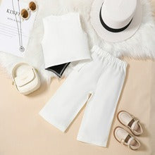 V-neck waistcoat vest top + solid color wide-leg trousers set