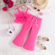 Solid Color Rose Flower Top Mesh + Flared Trousers Fashion Set