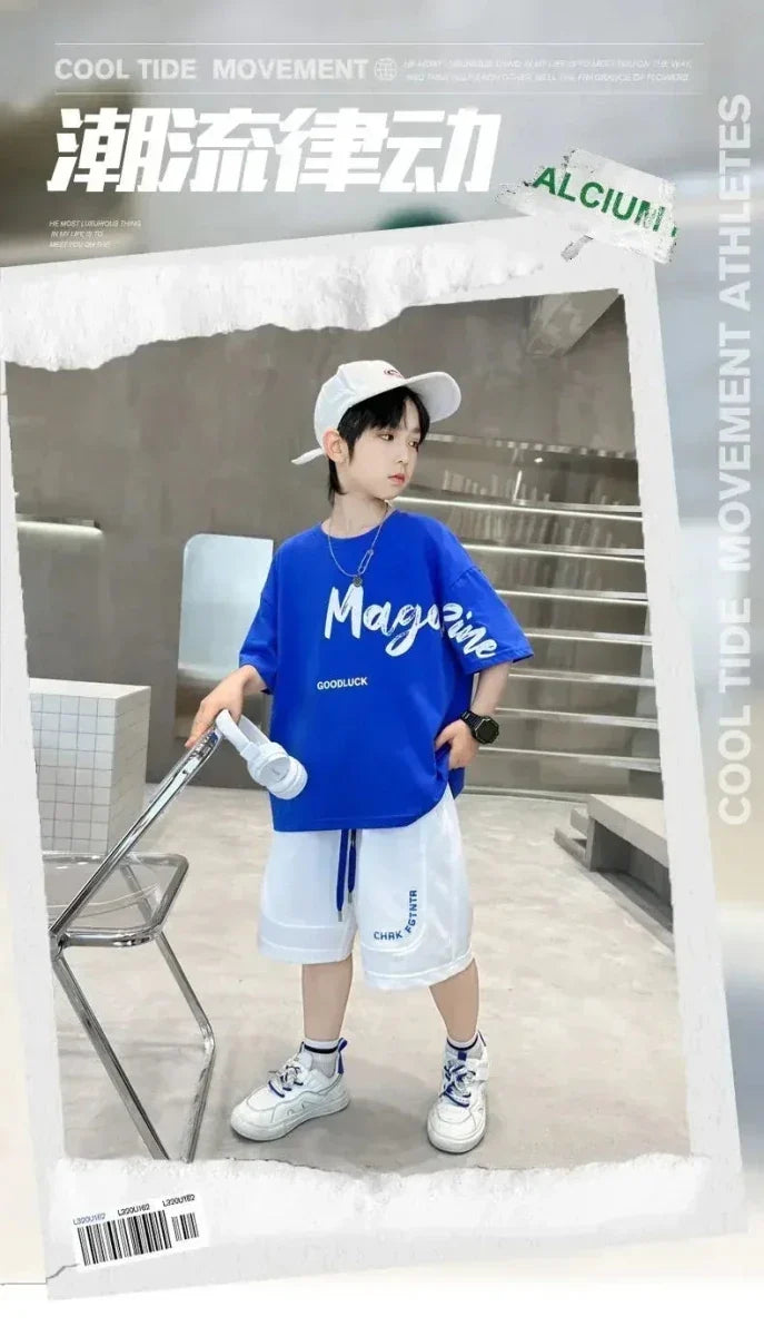 Korean Thin Sports Summer Two-Piece Set Boys Summer Set New Children's Summer Medium and Large Children's Boy - Mom & Kids