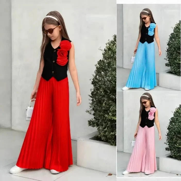 Little Girls' Color - Block Fashion Two - Piece Set: 3D Floral Sleeveless Vest + High - Waisted Pleated Wide - Leg Pants - Mom & Kids