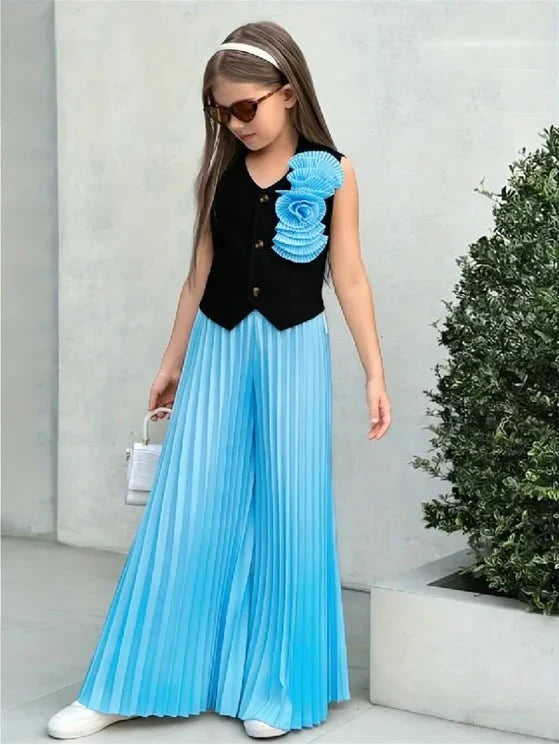 Little Girls' Color - Block Fashion Two - Piece Set: 3D Floral Sleeveless Vest + High - Waisted Pleated Wide - Leg Pants