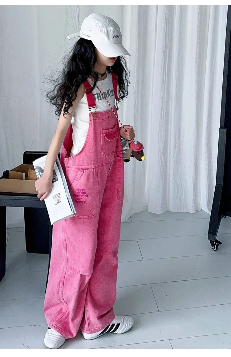 Luxury Kids Pink Denim Dungarees Bib Jeans for Teens Girl Casual Suspender Jumpsuit Child Fashion Jeans Overalls - Mom & Kids