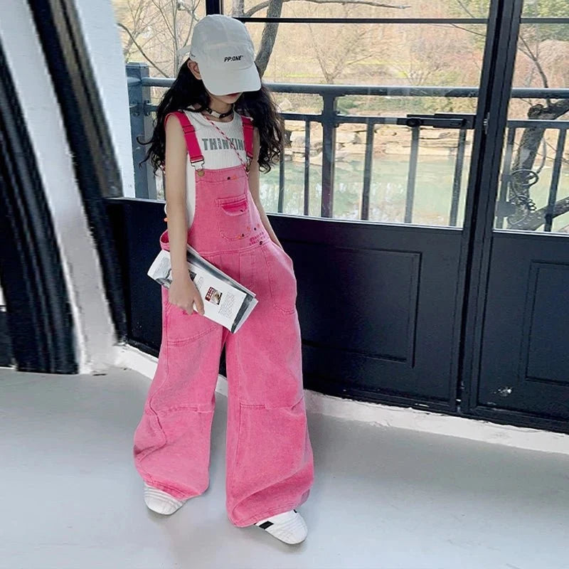 Luxury Kids Pink Denim Dungarees Bib Jeans for Teens Girl Casual Suspender Jumpsuit Child Fashion Jeans Overalls - Mom & Kids