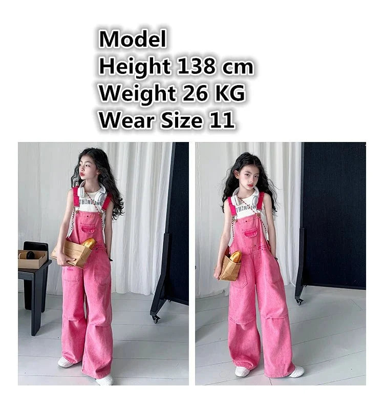 Luxury Kids Pink Denim Dungarees Bib Jeans for Teens Girl Casual Suspender Jumpsuit Child Fashion Jeans Overalls - Mom & Kids
