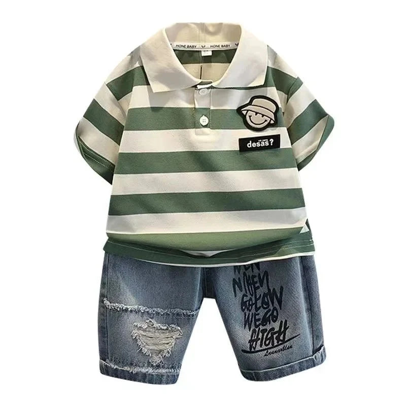 New Boutique Outfits Striped Turn-down Collar T-shirts Tops+Shorts 2PCS Korean Fashion Kids Golf Sport Clothing - Mom & Kids