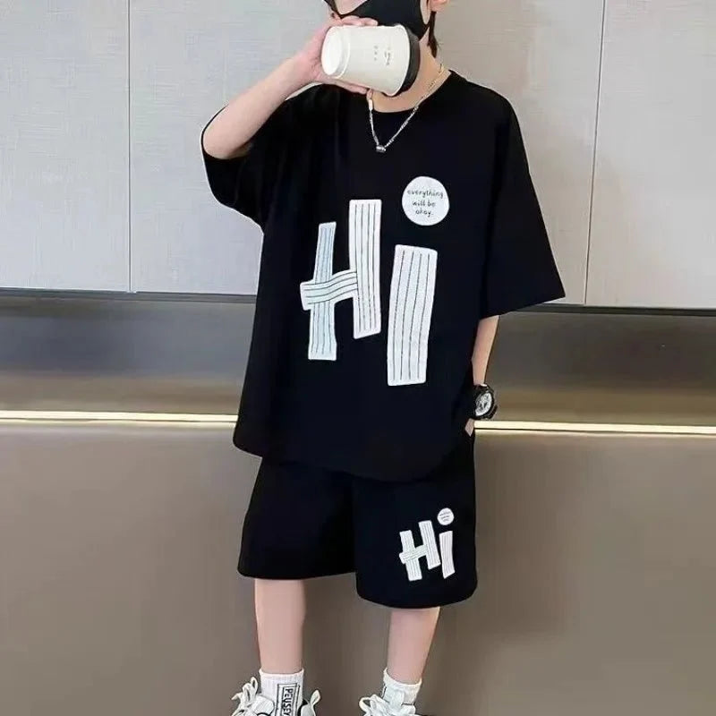 New Boys Sport Clothing Sets Summer Big Kids Loose Clothes Suit Short Sleeve Tops+Shorts 2Pcs Children Fashion Handsome Outfits - Mom & Kids