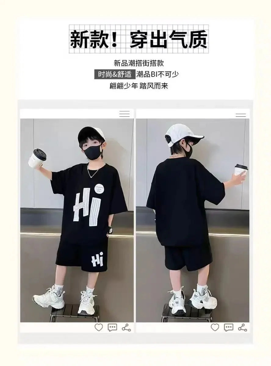 New Boys Sport Clothing Sets Summer Big Kids Loose Clothes Suit Short Sleeve Tops+Shorts 2Pcs Children Fashion Handsome Outfits - Mom & Kids