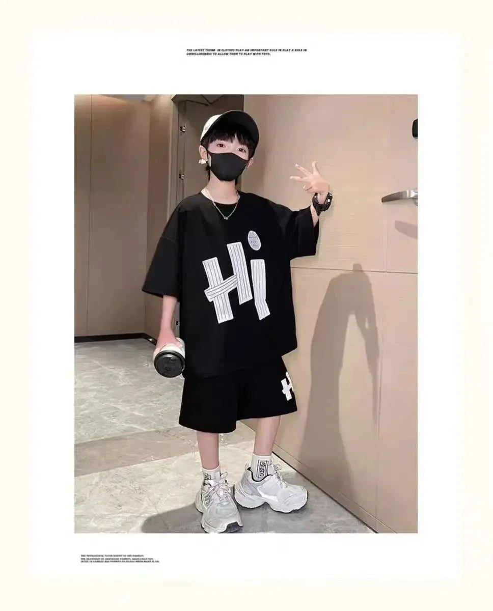 New Boys Sport Clothing Sets Summer Big Kids Loose Clothes Suit Short Sleeve Tops+Shorts 2Pcs Children Fashion Handsome Outfits - Mom & Kids