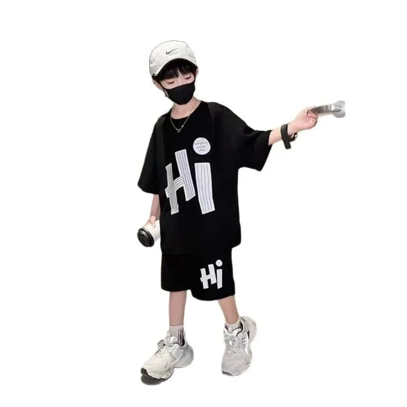 New Boys Sport Clothing Sets Summer Big Kids Loose Clothes Suit Short Sleeve Tops+Shorts 2Pcs Children Fashion Handsome Outfits - Mom & Kids