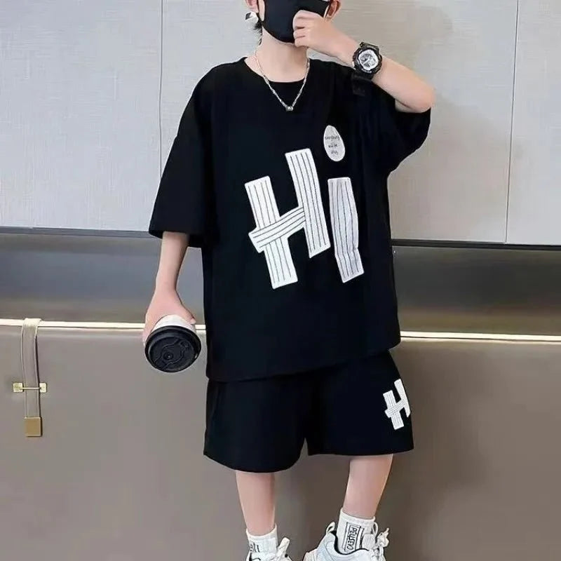 New Boys Sport Clothing Sets Summer Big Kids Loose Clothes Suit Short Sleeve Tops+Shorts 2Pcs Children Fashion Handsome Outfits - Mom & Kids