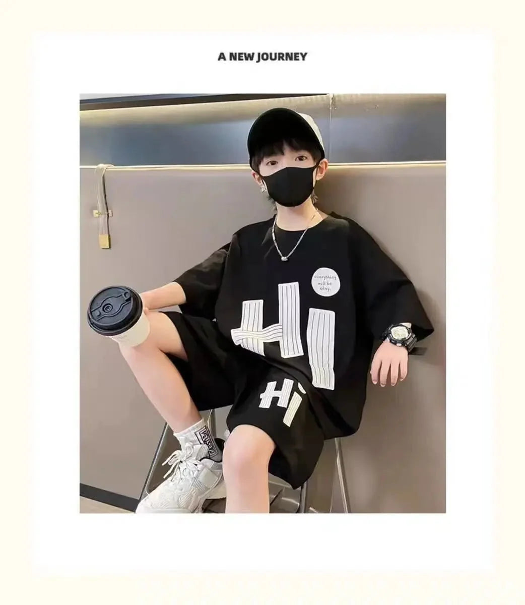 New Boys Sport Clothing Sets Summer Big Kids Loose Clothes Suit Short Sleeve Tops+Shorts 2Pcs Children Fashion Handsome Outfits - Mom & Kids