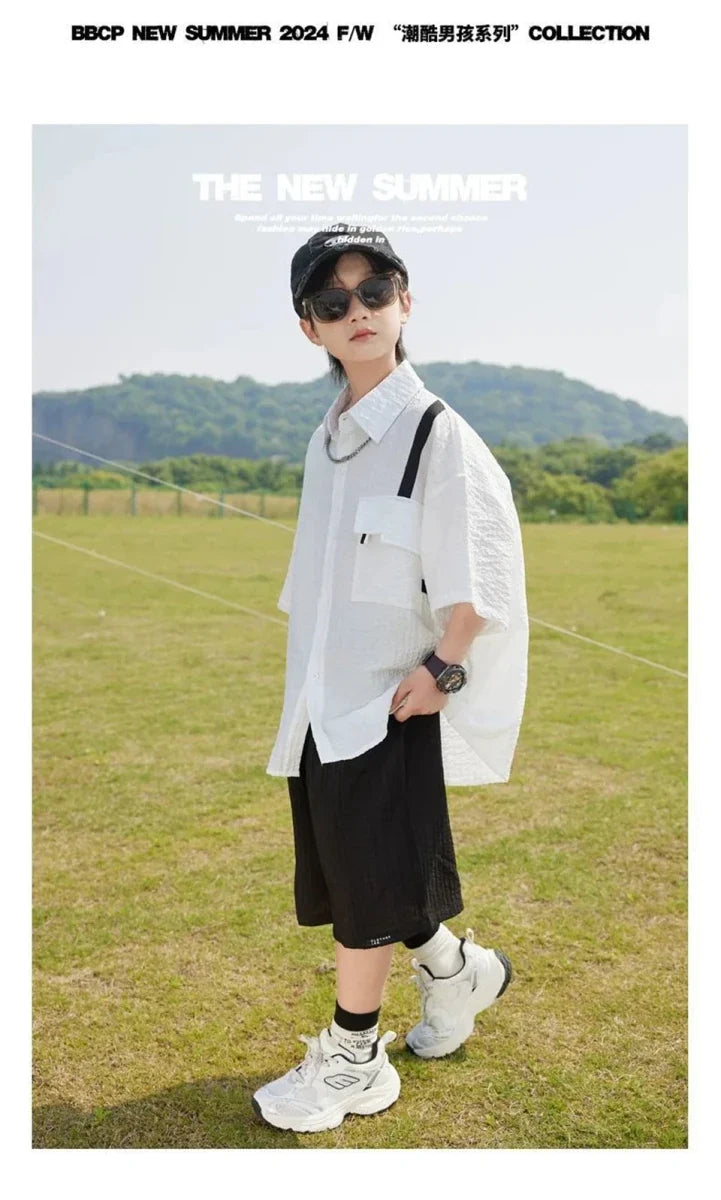 New Children Summer Thin Short Sleeved Shirt Shorts Two Piece Set Children Stylish Clothing Trend - Mom & Kids