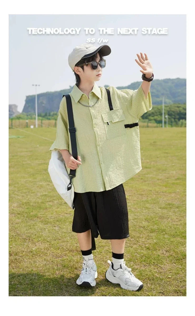 New Children Summer Thin Short Sleeved Shirt Shorts Two Piece Set Children Stylish Clothing Trend - Mom & Kids
