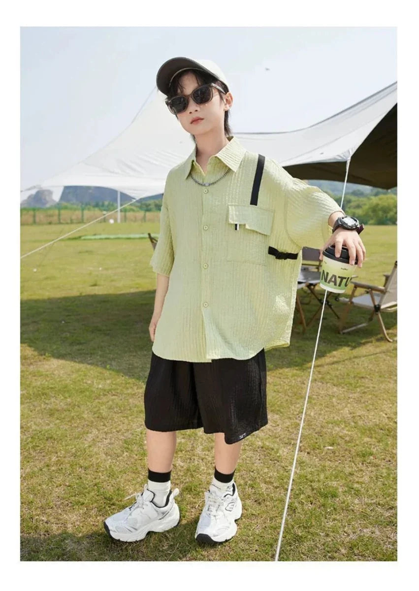 New Children Summer Thin Short Sleeved Shirt Shorts Two Piece Set Children Stylish Clothing Trend - Mom & Kids