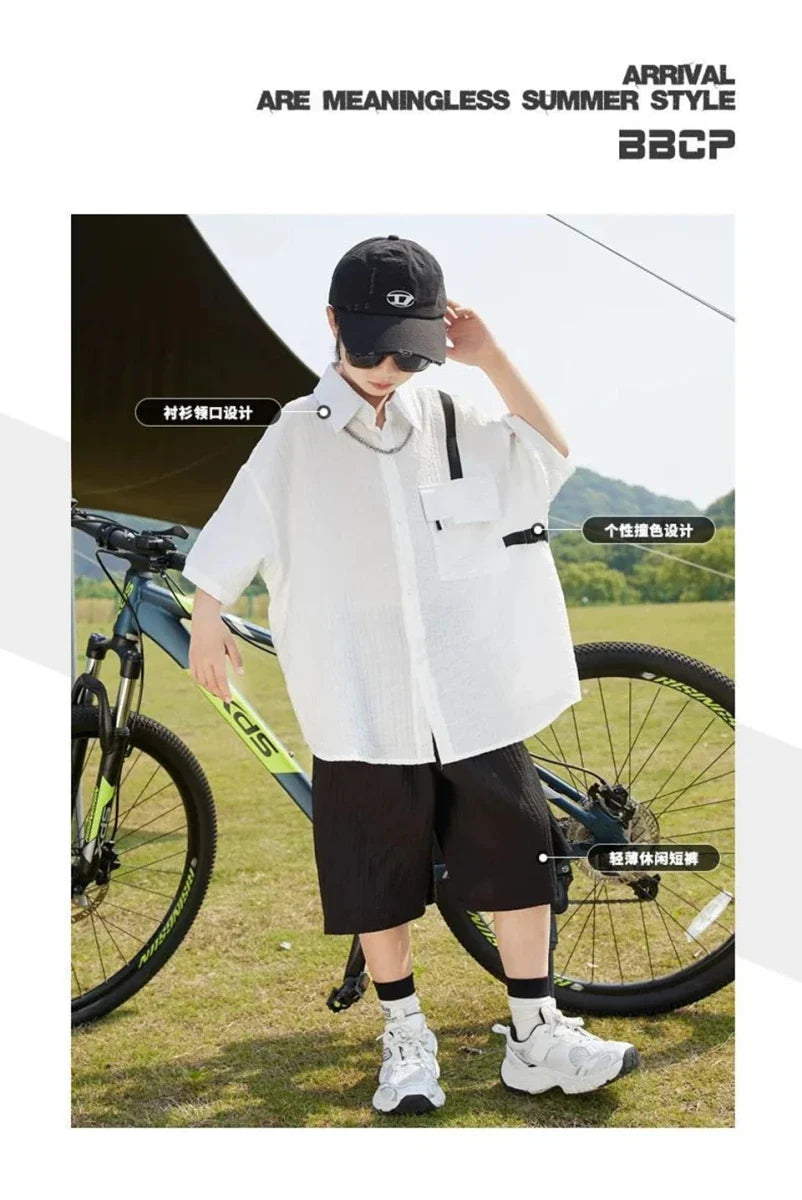 New Children Summer Thin Short Sleeved Shirt Shorts Two Piece Set Children Stylish Clothing Trend - Mom & Kids