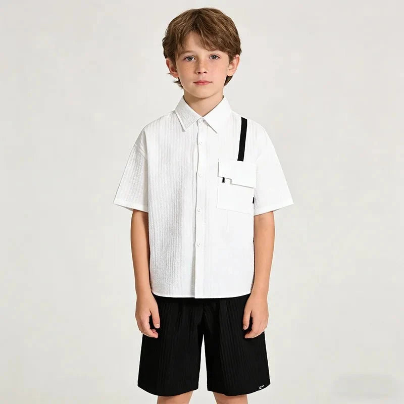 New Children Summer Thin Short Sleeved Shirt Shorts Two Piece Set Children Stylish Clothing Trend - Mom & Kids