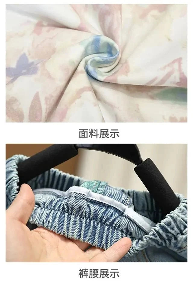 New Children's Printed Thin T-shirt+ hole Denim Shorts Teenager Boys Summer Fashion outfits - Mom & Kids