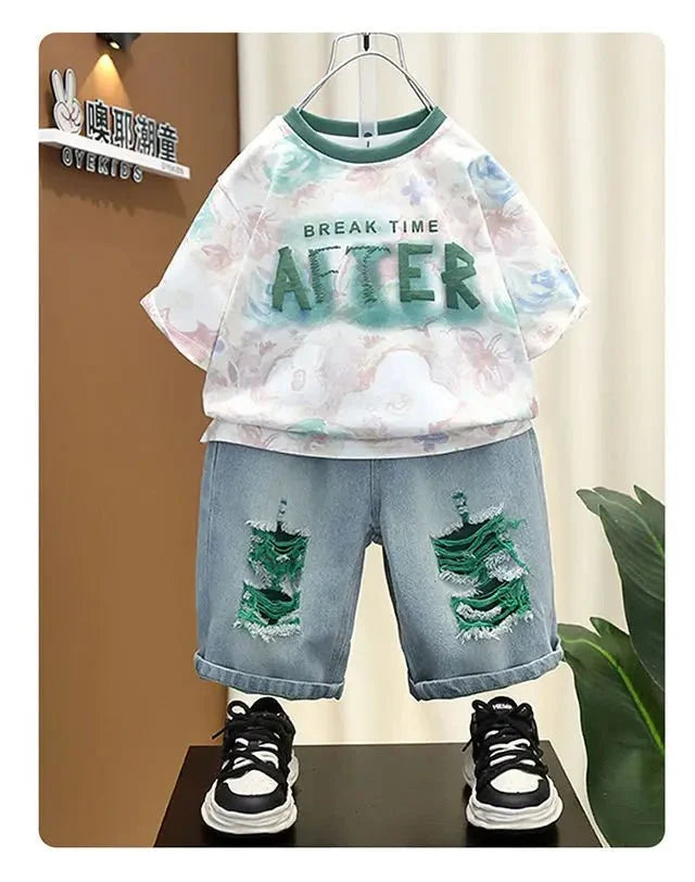 New Children's Printed Thin T-shirt+ hole Denim Shorts Teenager Boys Summer Fashion outfits - Mom & Kids
