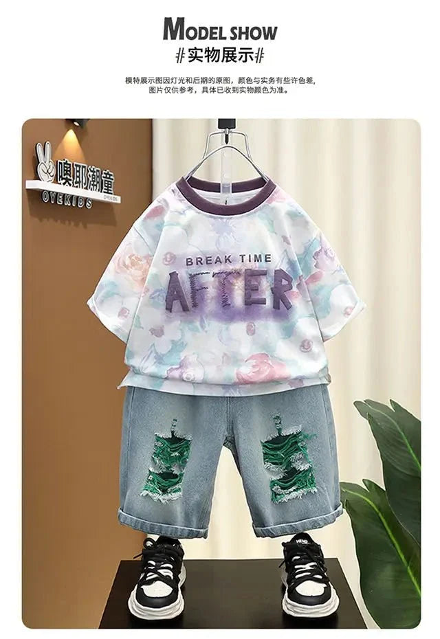 New Children's Printed Thin T-shirt+ hole Denim Shorts Teenager Boys Summer Fashion outfits - Mom & Kids
