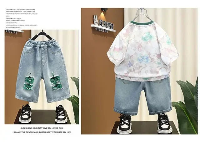 New Children's Printed Thin T-shirt+ hole Denim Shorts Teenager Boys Summer Fashion outfits - Mom & Kids