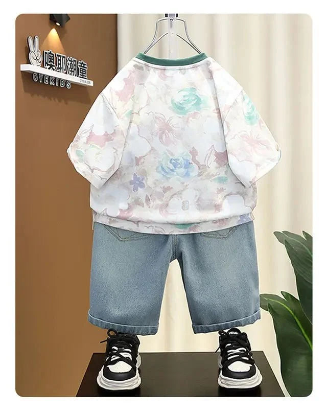 New Children's Printed Thin T-shirt+ hole Denim Shorts Teenager Boys Summer Fashion outfits - Mom & Kids