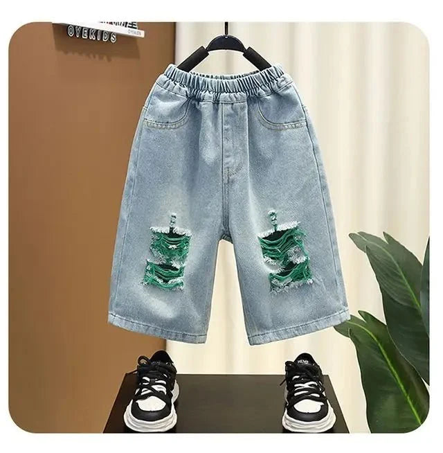 New Children's Printed Thin T-shirt+ hole Denim Shorts Teenager Boys Summer Fashion outfits - Mom & Kids
