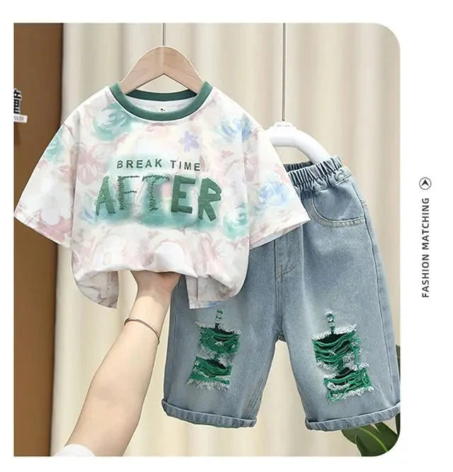 New Children's Printed Thin T-shirt+ hole Denim Shorts Teenager Boys Summer Fashion outfits - Mom & Kids