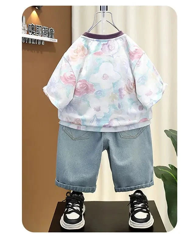 New Children's Printed Thin T-shirt+ hole Denim Shorts Teenager Boys Summer Fashion outfits - Mom & Kids