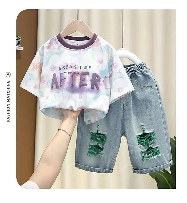 New Children's Printed Thin T-shirt+ hole Denim Shorts Teenager Boys Summer Fashion outfits - Mom & Kids