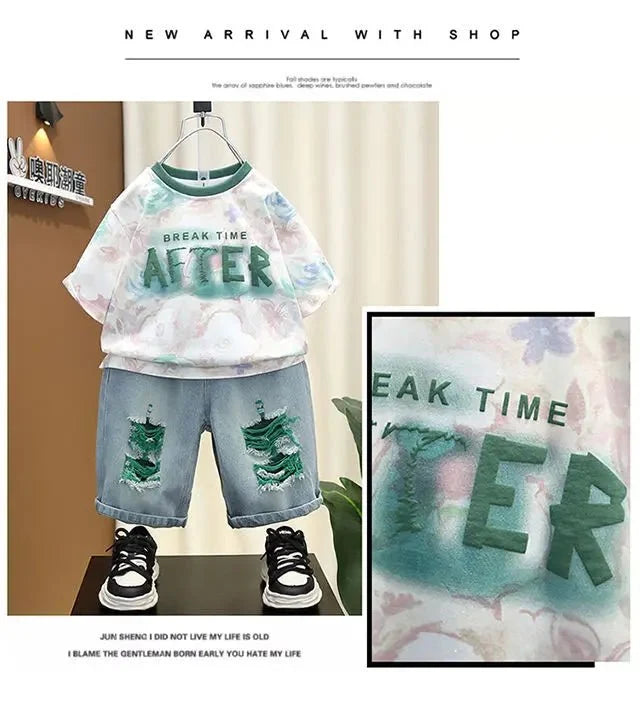 New Children's Printed Thin T-shirt+ hole Denim Shorts Teenager Boys Summer Fashion outfits - Mom & Kids