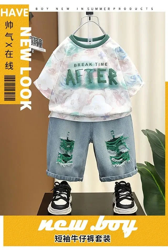 New Children's Printed Thin T-shirt+ hole Denim Shorts Teenager Boys Summer Fashion outfits - Mom & Kids