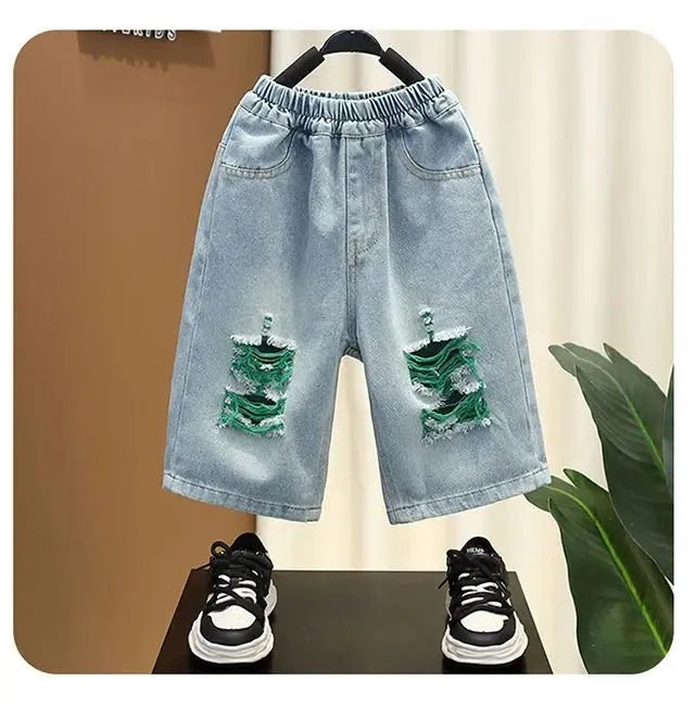 New Children's Printed Thin T-shirt+ hole Denim Shorts Teenager Boys Summer Fashion outfits - Mom & Kids