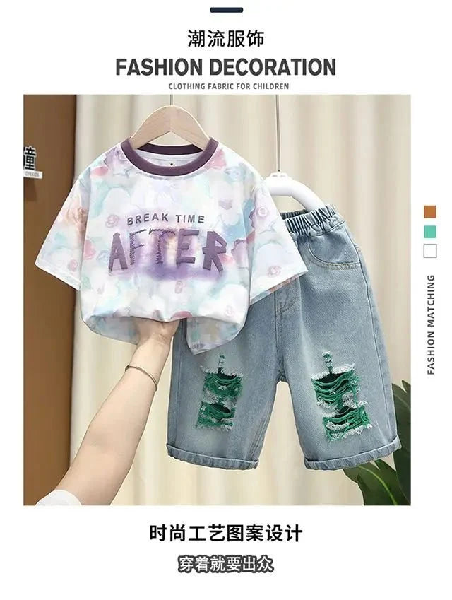 New Children's Printed Thin T-shirt+ hole Denim Shorts Teenager Boys Summer Fashion outfits - Mom & Kids
