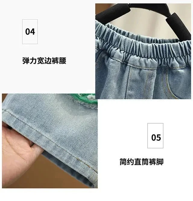 New Children's Printed Thin T-shirt+ hole Denim Shorts Teenager Boys Summer Fashion outfits - Mom & Kids