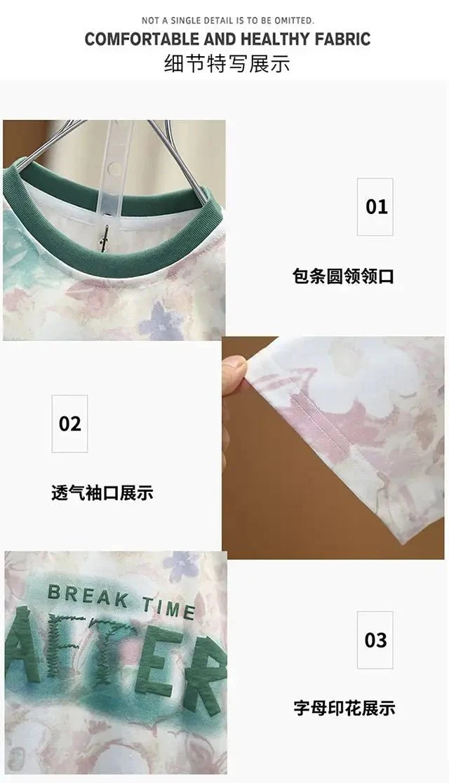 New Children's Printed Thin T-shirt+ hole Denim Shorts Teenager Boys Summer Fashion outfits - Mom & Kids