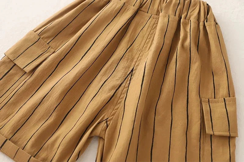 New Fashion Soft and Comfortable Children's Coffee Vertical Stripe Shirt Shorts Three-piece Set Kids Clothes Boys - Mom & Kids