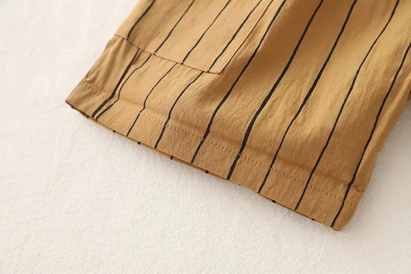 New Fashion Soft and Comfortable Children's Coffee Vertical Stripe Shirt Shorts Three-piece Set Kids Clothes Boys - Mom & Kids