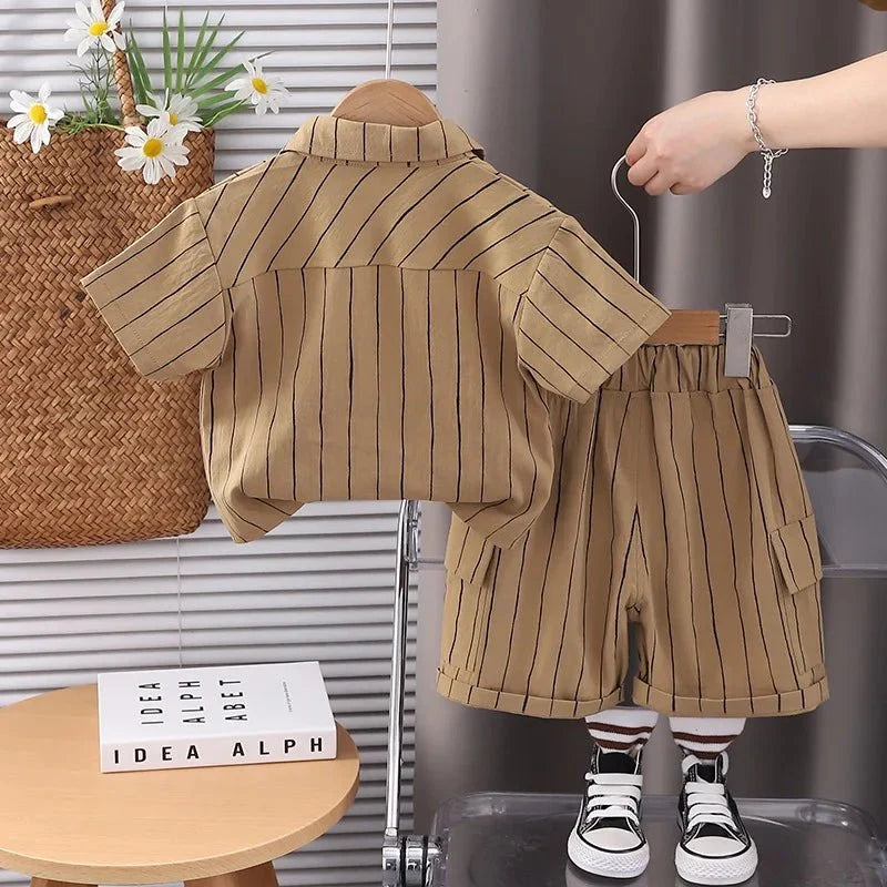 New Fashion Soft and Comfortable Children's Coffee Vertical Stripe Shirt Shorts Three-piece Set Kids Clothes Boys - Mom & Kids