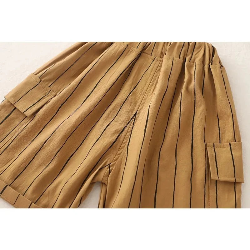 New Fashion Soft and Comfortable Children's Coffee Vertical Stripe Shirt Shorts Three-piece Set Kids Clothes Boys - Mom & Kids