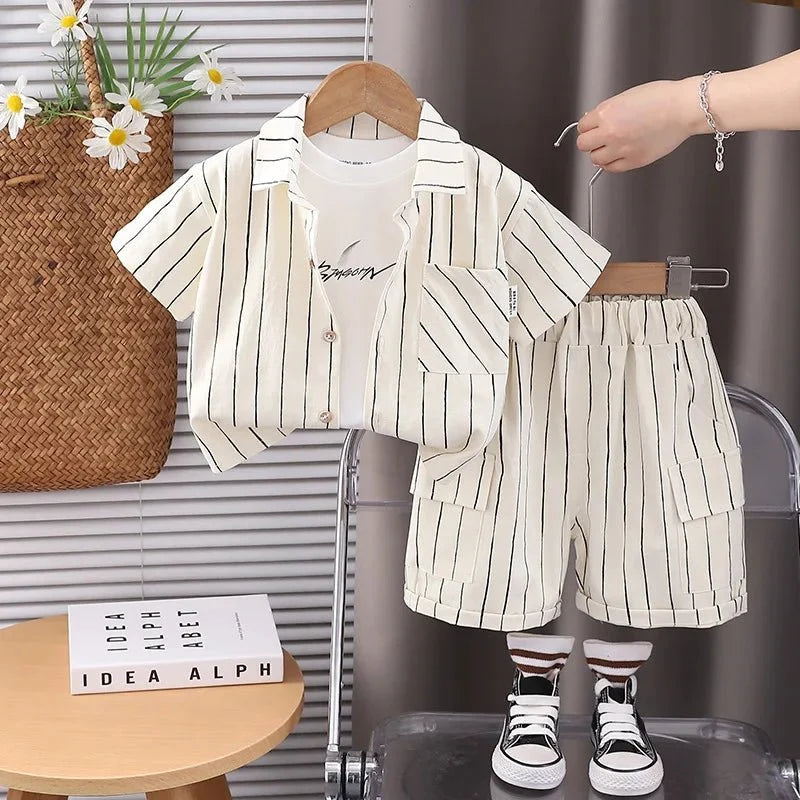 New Fashion Soft and Comfortable Children's Coffee Vertical Stripe Shirt Shorts Three-piece Set Kids Clothes Boys