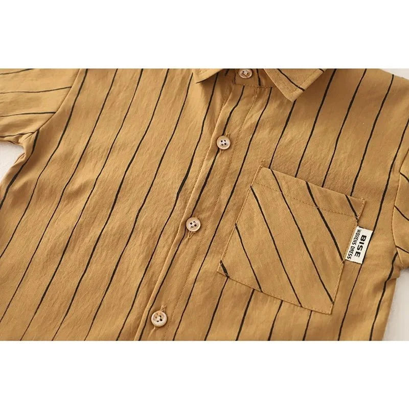 New Fashion Soft and Comfortable Children's Coffee Vertical Stripe Shirt Shorts Three-piece Set Kids Clothes Boys - Mom & Kids