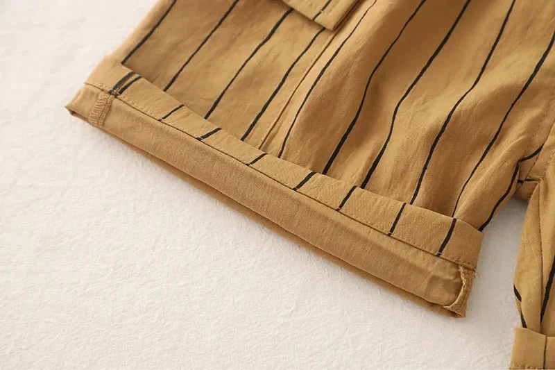 New Fashion Soft and Comfortable Children's Coffee Vertical Stripe Shirt Shorts Three-piece Set Kids Clothes Boys - Mom & Kids