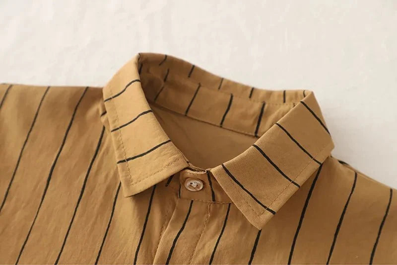 New Fashion Soft and Comfortable Children's Coffee Vertical Stripe Shirt Shorts Three-piece Set Kids Clothes Boys - Mom & Kids